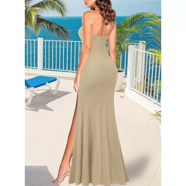 VFSHOW Womens 2023 Sexy Summer Bodycon Fitted Beach Party Cami Maxi Long Night Out Spaghetti Strap High Slit Plain DressKhaki