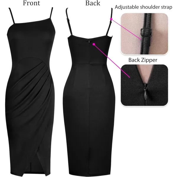 VFSHOW Womens 2023 Sexy Summer Ruched Club Party Casual Fitted Bodycon Cami Midi Spaghetti Strap Beach Faux Wrap Slit DressBlack