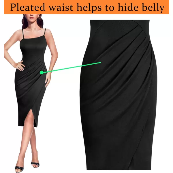 VFSHOW Womens 2023 Sexy Summer Ruched Club Party Casual Fitted Bodycon Cami Midi Spaghetti Strap Beach Faux Wrap Slit DressBlack