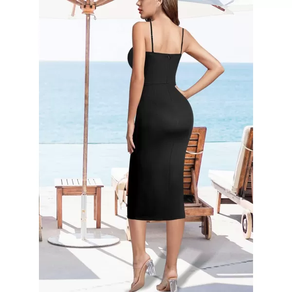 VFSHOW Womens 2023 Sexy Summer Ruched Club Party Casual Fitted Bodycon Cami Midi Spaghetti Strap Beach Faux Wrap Slit DressBlack