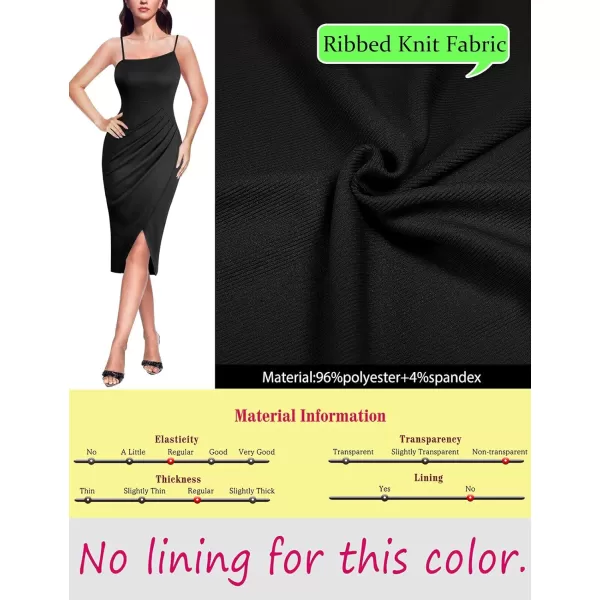 VFSHOW Womens 2023 Sexy Summer Ruched Club Party Casual Fitted Bodycon Cami Midi Spaghetti Strap Beach Faux Wrap Slit DressBlack