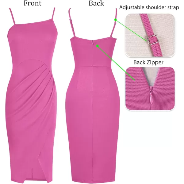 VFSHOW Womens 2023 Sexy Summer Ruched Club Party Casual Fitted Bodycon Cami Midi Spaghetti Strap Beach Faux Wrap Slit DressHot Pink