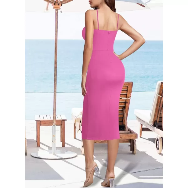 VFSHOW Womens 2023 Sexy Summer Ruched Club Party Casual Fitted Bodycon Cami Midi Spaghetti Strap Beach Faux Wrap Slit DressHot Pink