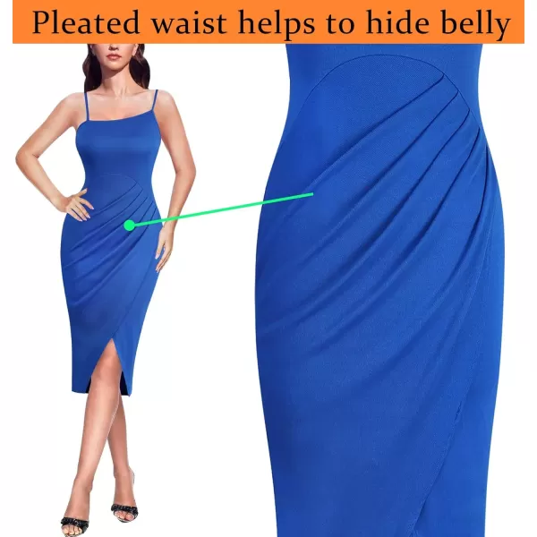 VFSHOW Womens 2023 Sexy Summer Ruched Club Party Casual Fitted Bodycon Cami Midi Spaghetti Strap Beach Faux Wrap Slit DressRoyal Blue