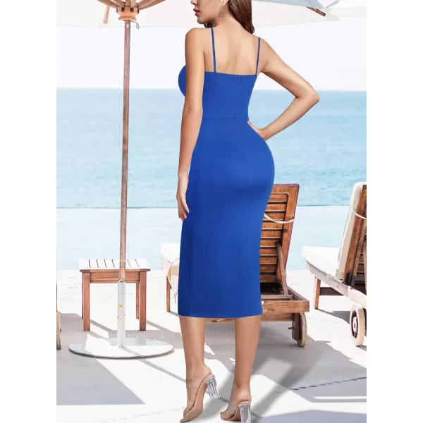 VFSHOW Womens 2023 Sexy Summer Ruched Club Party Casual Fitted Bodycon Cami Midi Spaghetti Strap Beach Faux Wrap Slit DressRoyal Blue