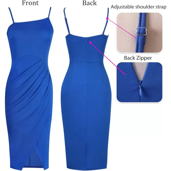 VFSHOW Womens 2023 Sexy Summer Ruched Club Party Casual Fitted Bodycon Cami Midi Spaghetti Strap Beach Faux Wrap Slit DressRoyal Blue