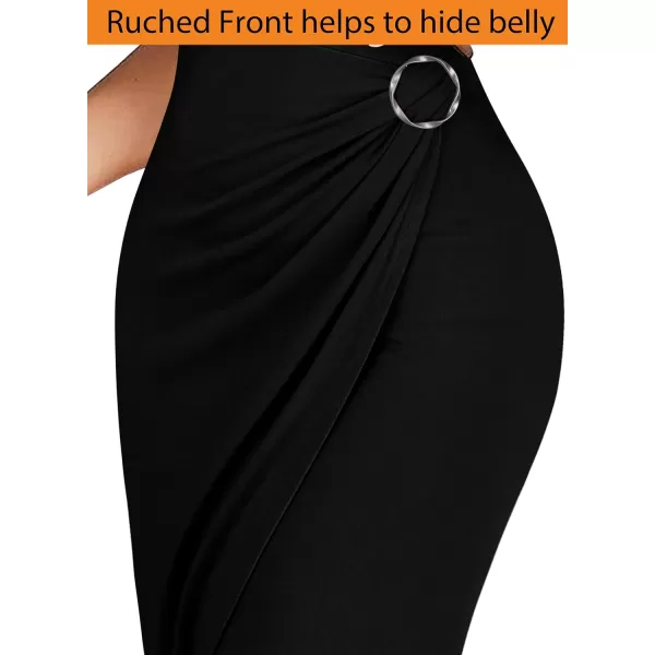 VFSHOW Womens 2023 Sexy Summer Ruched Party Beach Club Casual Fitted Bodycon Spaghetti Strap Scoop Neck Slit Cami Midi DressBlack