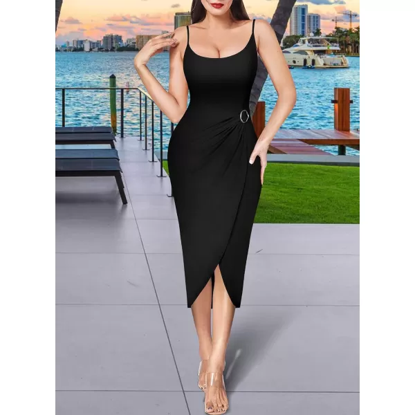 VFSHOW Womens 2023 Sexy Summer Ruched Party Beach Club Casual Fitted Bodycon Spaghetti Strap Scoop Neck Slit Cami Midi DressBlack