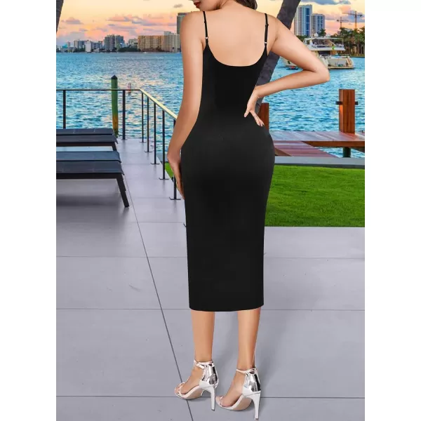 VFSHOW Womens 2023 Sexy Summer Ruched Party Beach Club Casual Fitted Bodycon Spaghetti Strap Scoop Neck Slit Cami Midi DressBlack