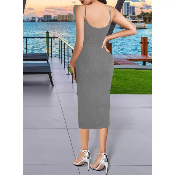 VFSHOW Womens 2023 Sexy Summer Ruched Party Beach Club Casual Fitted Bodycon Spaghetti Strap Scoop Neck Slit Cami Midi DressGrey