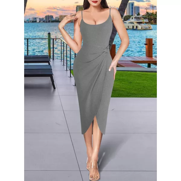 VFSHOW Womens 2023 Sexy Summer Ruched Party Beach Club Casual Fitted Bodycon Spaghetti Strap Scoop Neck Slit Cami Midi DressGrey