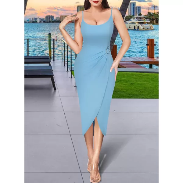 VFSHOW Womens 2023 Sexy Summer Ruched Party Beach Club Casual Fitted Bodycon Spaghetti Strap Scoop Neck Slit Cami Midi DressLight Blue