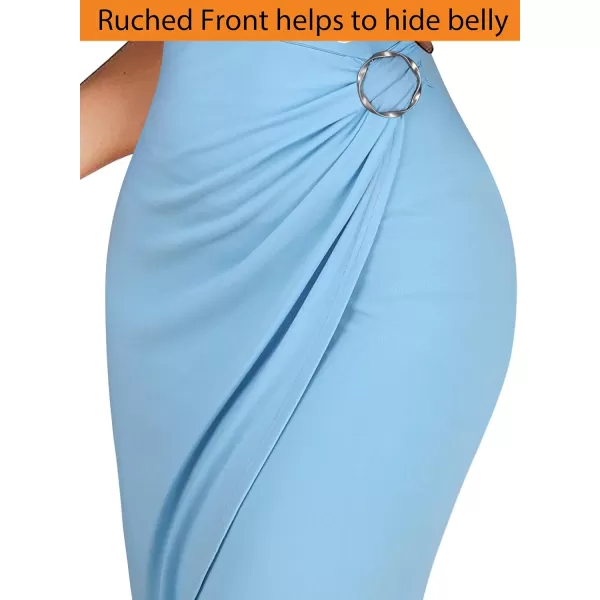 VFSHOW Womens 2023 Sexy Summer Ruched Party Beach Club Casual Fitted Bodycon Spaghetti Strap Scoop Neck Slit Cami Midi DressLight Blue