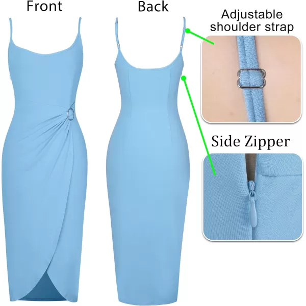 VFSHOW Womens 2023 Sexy Summer Ruched Party Beach Club Casual Fitted Bodycon Spaghetti Strap Scoop Neck Slit Cami Midi DressLight Blue