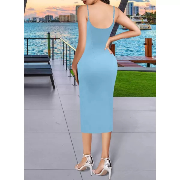 VFSHOW Womens 2023 Sexy Summer Ruched Party Beach Club Casual Fitted Bodycon Spaghetti Strap Scoop Neck Slit Cami Midi DressLight Blue