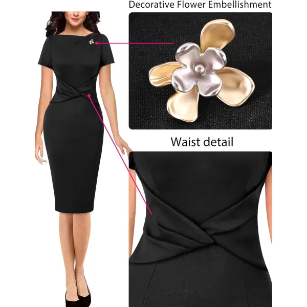 VFSHOW Womens 2024 Business Asymmetric Neck Criss Cross Pleated Metal Embellishment Work Office Church Slim Bodycon DressBlack