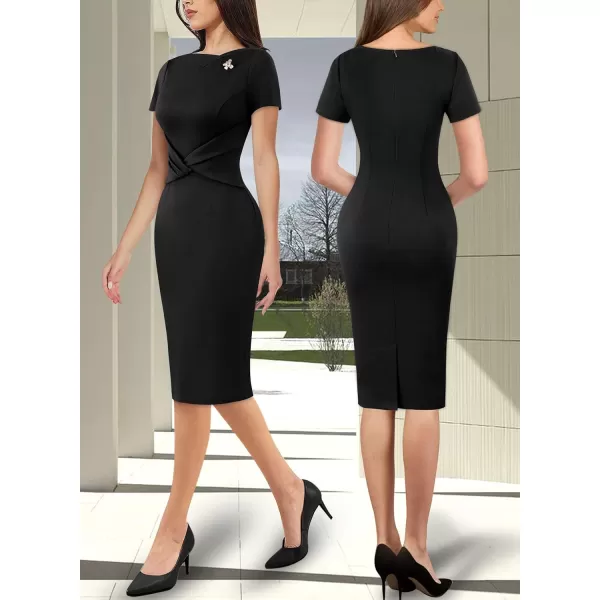 VFSHOW Womens 2024 Business Asymmetric Neck Criss Cross Pleated Metal Embellishment Work Office Church Slim Bodycon DressBlack