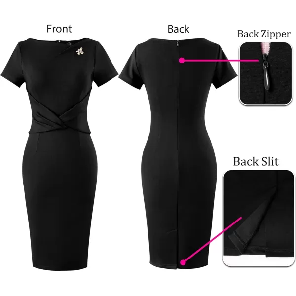 VFSHOW Womens 2024 Business Asymmetric Neck Criss Cross Pleated Metal Embellishment Work Office Church Slim Bodycon DressBlack