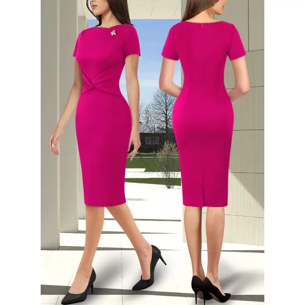 VFSHOW Womens 2024 Business Asymmetric Neck Criss Cross Pleated Metal Embellishment Work Office Church Slim Bodycon DressHot Pink