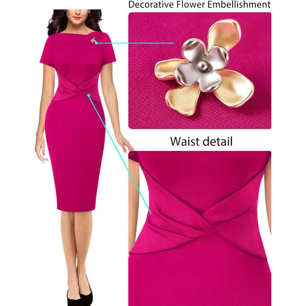 VFSHOW Womens 2024 Business Asymmetric Neck Criss Cross Pleated Metal Embellishment Work Office Church Slim Bodycon DressHot Pink