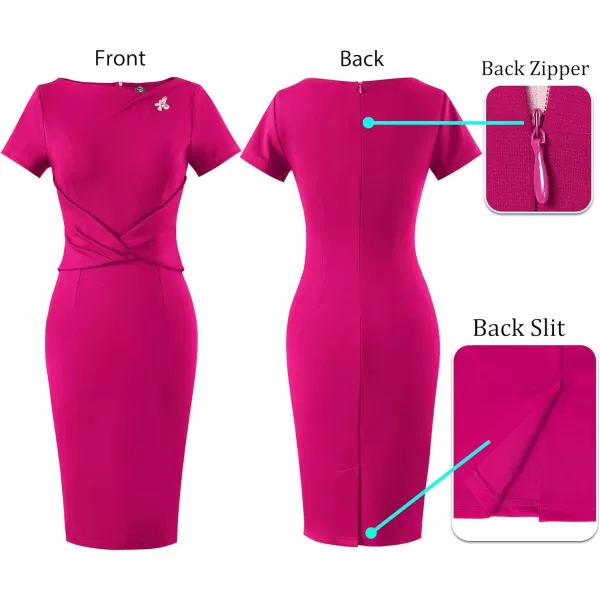 VFSHOW Womens 2024 Business Asymmetric Neck Criss Cross Pleated Metal Embellishment Work Office Church Slim Bodycon DressHot Pink