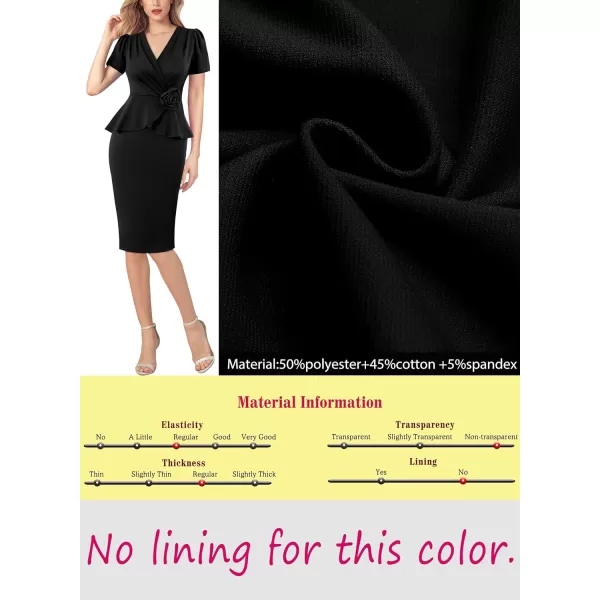 VFSHOW Womens 2024 Business Work Office 3D Flower Pleated Puff Sleeve Faux Wrap V Neck Slim Bodycon Pencil DressBlack