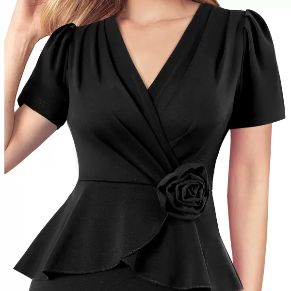 VFSHOW Womens 2024 Business Work Office 3D Flower Pleated Puff Sleeve Faux Wrap V Neck Slim Bodycon Pencil DressBlack