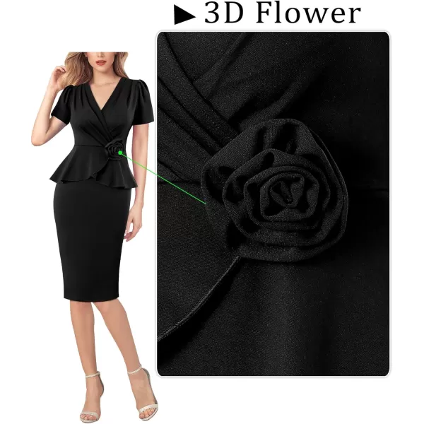 VFSHOW Womens 2024 Business Work Office 3D Flower Pleated Puff Sleeve Faux Wrap V Neck Slim Bodycon Pencil DressBlack