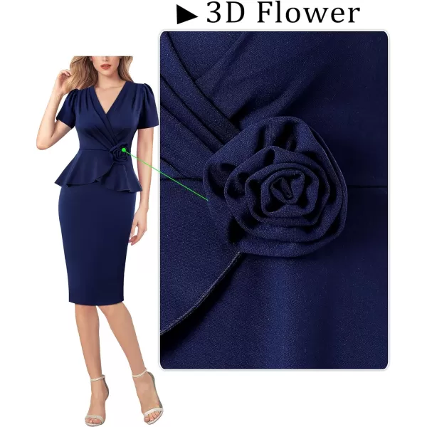 VFSHOW Womens 2024 Business Work Office 3D Flower Pleated Puff Sleeve Faux Wrap V Neck Slim Bodycon Pencil DressDark Blue