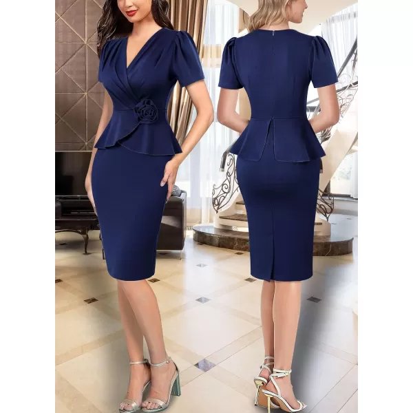 VFSHOW Womens 2024 Business Work Office 3D Flower Pleated Puff Sleeve Faux Wrap V Neck Slim Bodycon Pencil DressDark Blue