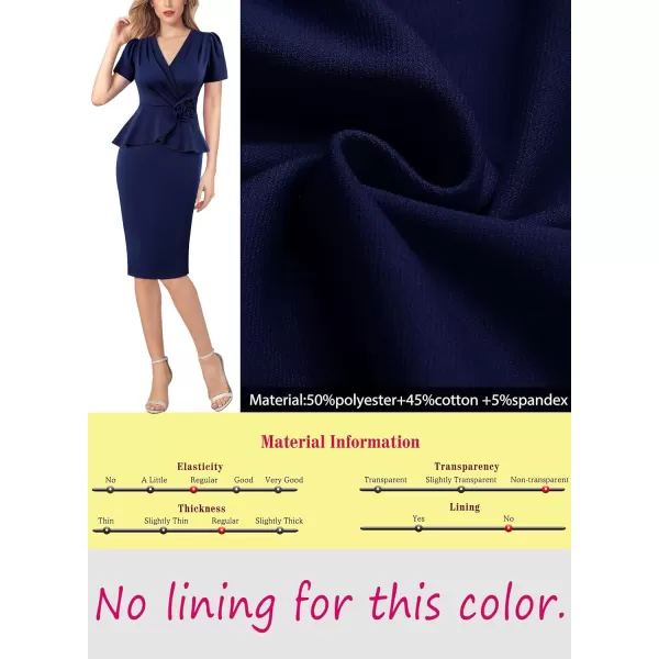 VFSHOW Womens 2024 Business Work Office 3D Flower Pleated Puff Sleeve Faux Wrap V Neck Slim Bodycon Pencil DressDark Blue