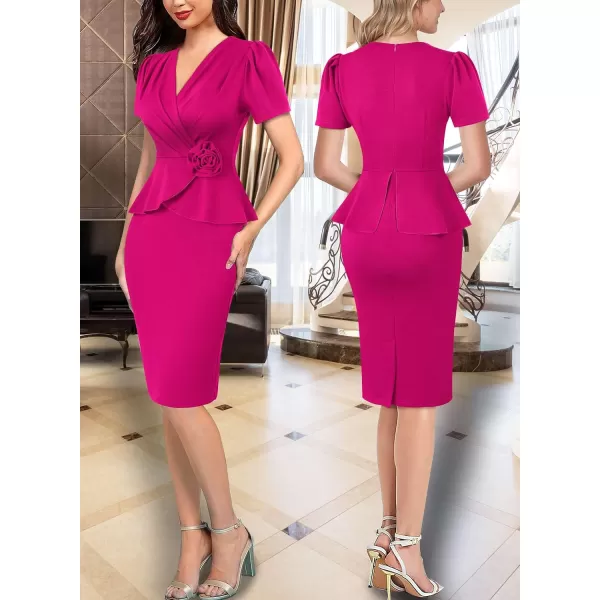 VFSHOW Womens 2024 Business Work Office 3D Flower Pleated Puff Sleeve Faux Wrap V Neck Slim Bodycon Pencil DressHot Pink