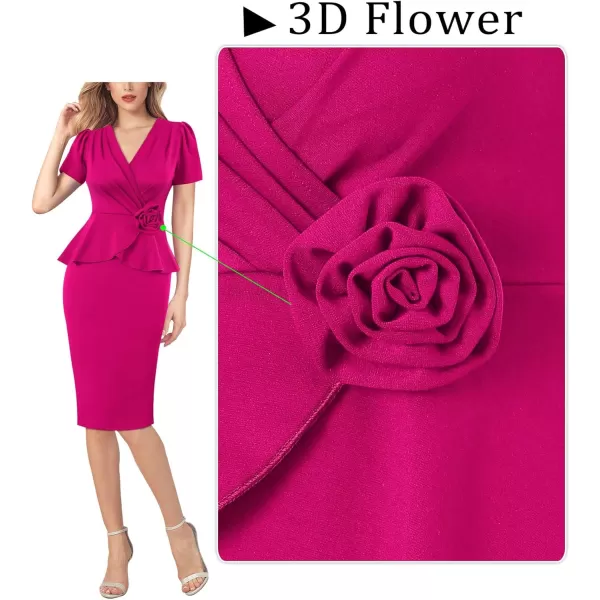 VFSHOW Womens 2024 Business Work Office 3D Flower Pleated Puff Sleeve Faux Wrap V Neck Slim Bodycon Pencil DressHot Pink