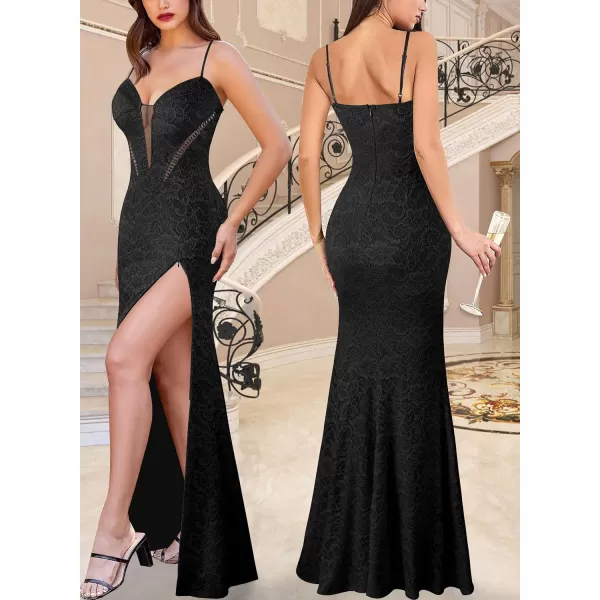 VFSHOW Womens 2024 Formal Prom Sexy V Neck Maxi Long Dress Spaghetti Strap Ball Gala Evening GownBlack Lace