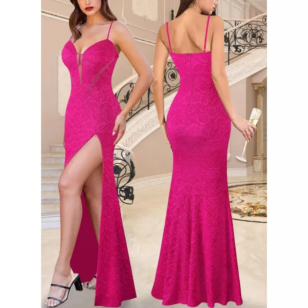 VFSHOW Womens 2024 Formal Prom Sexy V Neck Maxi Long Dress Spaghetti Strap Ball Gala Evening GownHot Pink Lace