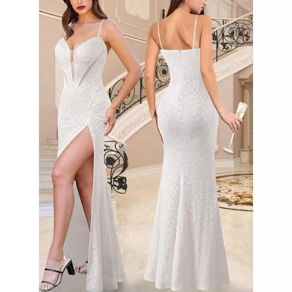 VFSHOW Womens 2024 Formal Prom Sexy V Neck Maxi Long Dress Spaghetti Strap Ball Gala Evening GownOff White Lace