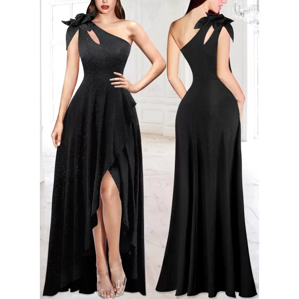 VFSHOW Womens 3D Flower One Shoulder Prom Formal Wedding Guest ALine Maxi Dress 2023 Evening Split Cutout HILO Long GownShiny Black