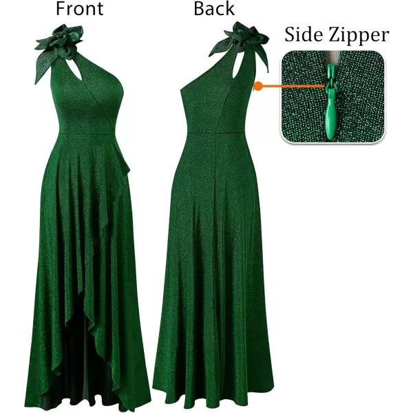 VFSHOW Womens 3D Flower One Shoulder Prom Formal Wedding Guest ALine Maxi Dress 2023 Evening Split Cutout HILO Long GownShiny Green