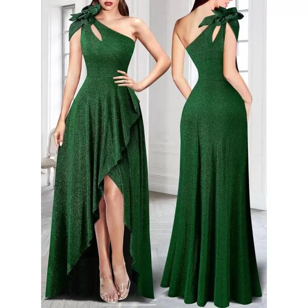 VFSHOW Womens 3D Flower One Shoulder Prom Formal Wedding Guest ALine Maxi Dress 2023 Evening Split Cutout HILO Long GownShiny Green