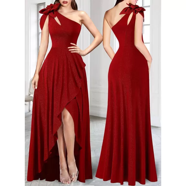 VFSHOW Womens 3D Flower One Shoulder Prom Formal Wedding Guest ALine Maxi Dress 2023 Evening Split Cutout HILO Long GownShiny Red