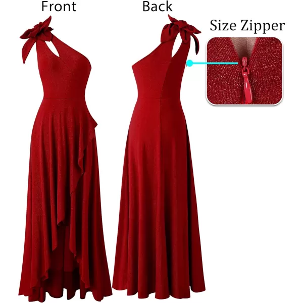 VFSHOW Womens 3D Flower One Shoulder Prom Formal Wedding Guest ALine Maxi Dress 2023 Evening Split Cutout HILO Long GownShiny Red