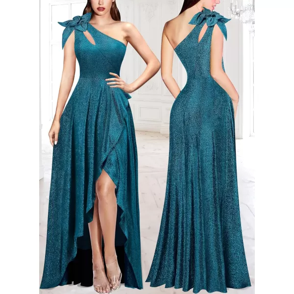 VFSHOW Womens 3D Flower One Shoulder Prom Formal Wedding Guest ALine Maxi Dress 2023 Evening Split Cutout HILO Long GownShiny Teal Blue