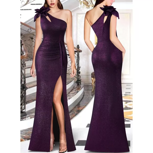 VFSHOW Womens 3D Flower One Shoulder Ruched Prom Formal Wedding Guest Maxi Dress 2023 Sexy Cocktail Split Cutout Evening GownBlack With Purple Metallic Stitching