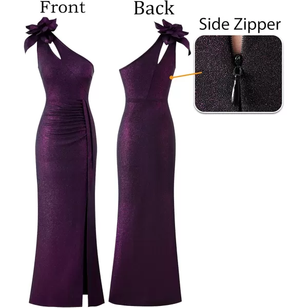 VFSHOW Womens 3D Flower One Shoulder Ruched Prom Formal Wedding Guest Maxi Dress 2023 Sexy Cocktail Split Cutout Evening GownBlack With Purple Metallic Stitching