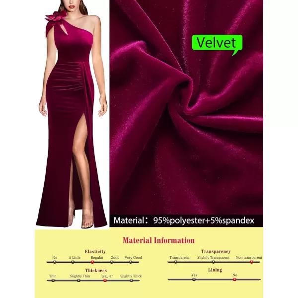 VFSHOW Womens 3D Flower One Shoulder Ruched Prom Formal Wedding Guest Maxi Dress 2023 Sexy Cocktail Split Cutout Evening GownFuchsia Velvet