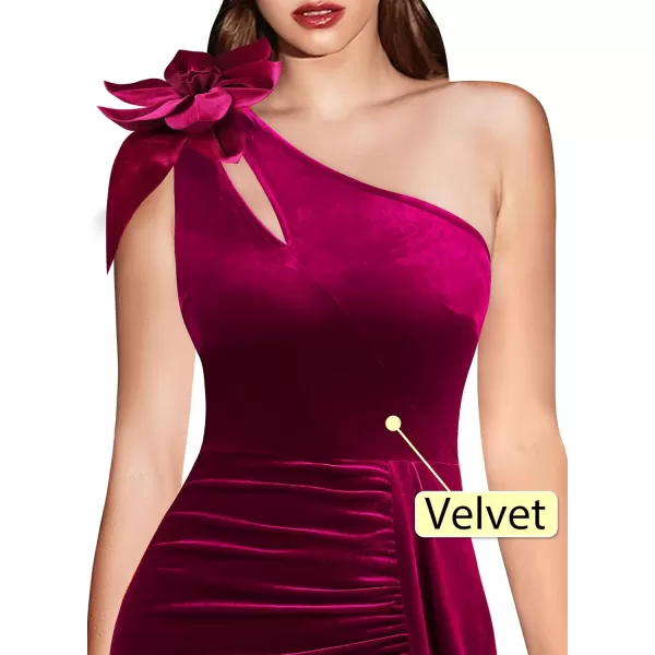 VFSHOW Womens 3D Flower One Shoulder Ruched Prom Formal Wedding Guest Maxi Dress 2023 Sexy Cocktail Split Cutout Evening GownFuchsia Velvet