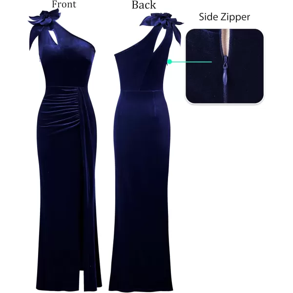 VFSHOW Womens 3D Flower One Shoulder Ruched Prom Formal Wedding Guest Maxi Dress 2023 Sexy Cocktail Split Cutout Evening GownNavy Blue Velvet