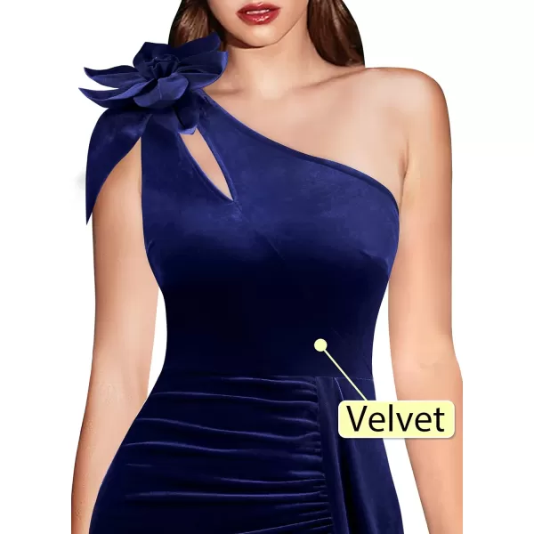 VFSHOW Womens 3D Flower One Shoulder Ruched Prom Formal Wedding Guest Maxi Dress 2023 Sexy Cocktail Split Cutout Evening GownNavy Blue Velvet