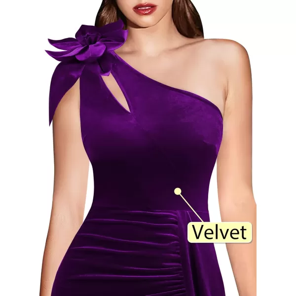 VFSHOW Womens 3D Flower One Shoulder Ruched Prom Formal Wedding Guest Maxi Dress 2023 Sexy Cocktail Split Cutout Evening GownPurple Velvet