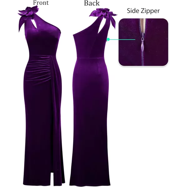 VFSHOW Womens 3D Flower One Shoulder Ruched Prom Formal Wedding Guest Maxi Dress 2023 Sexy Cocktail Split Cutout Evening GownPurple Velvet